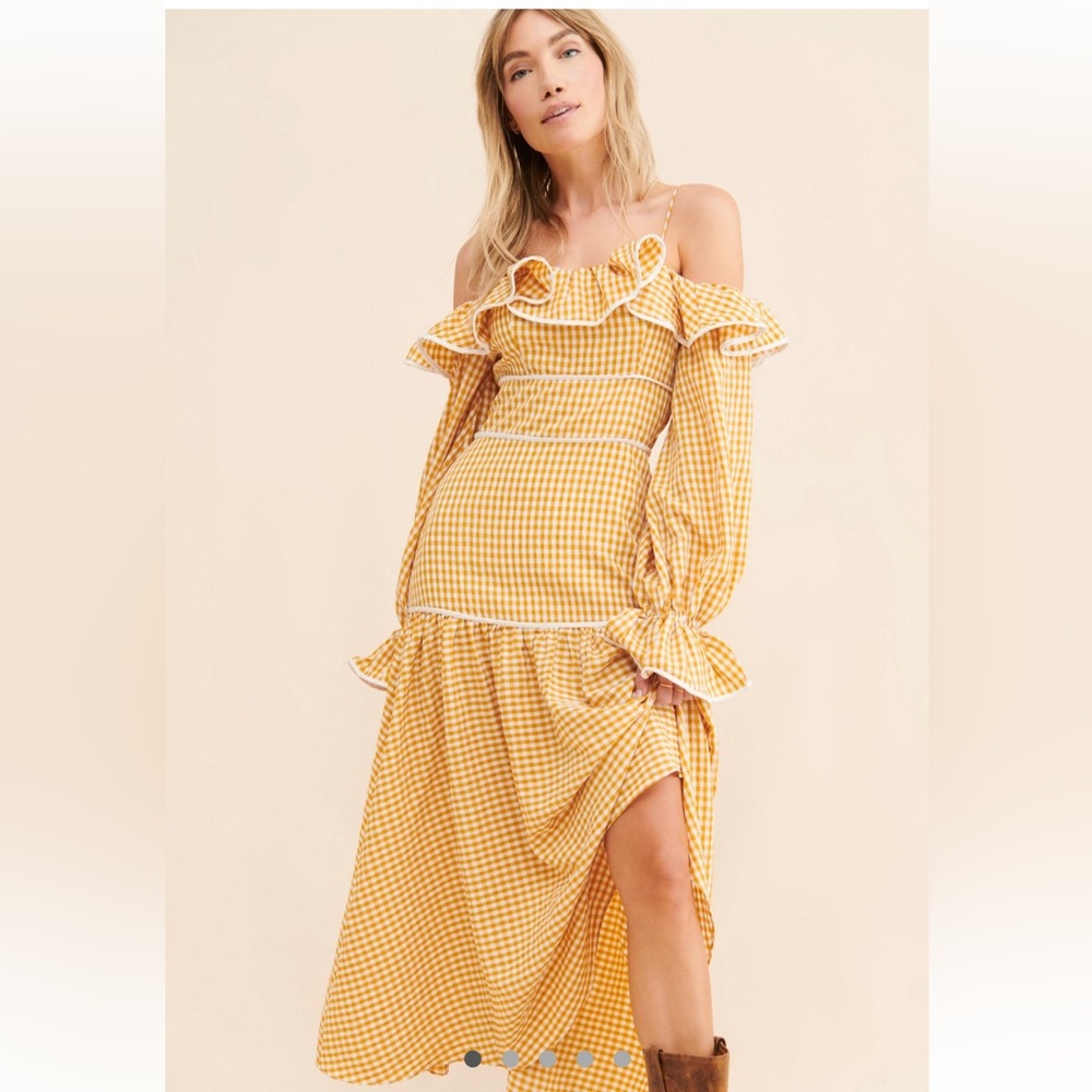 Free People Yellow Gingham Maxi Dress with Ruffle Details